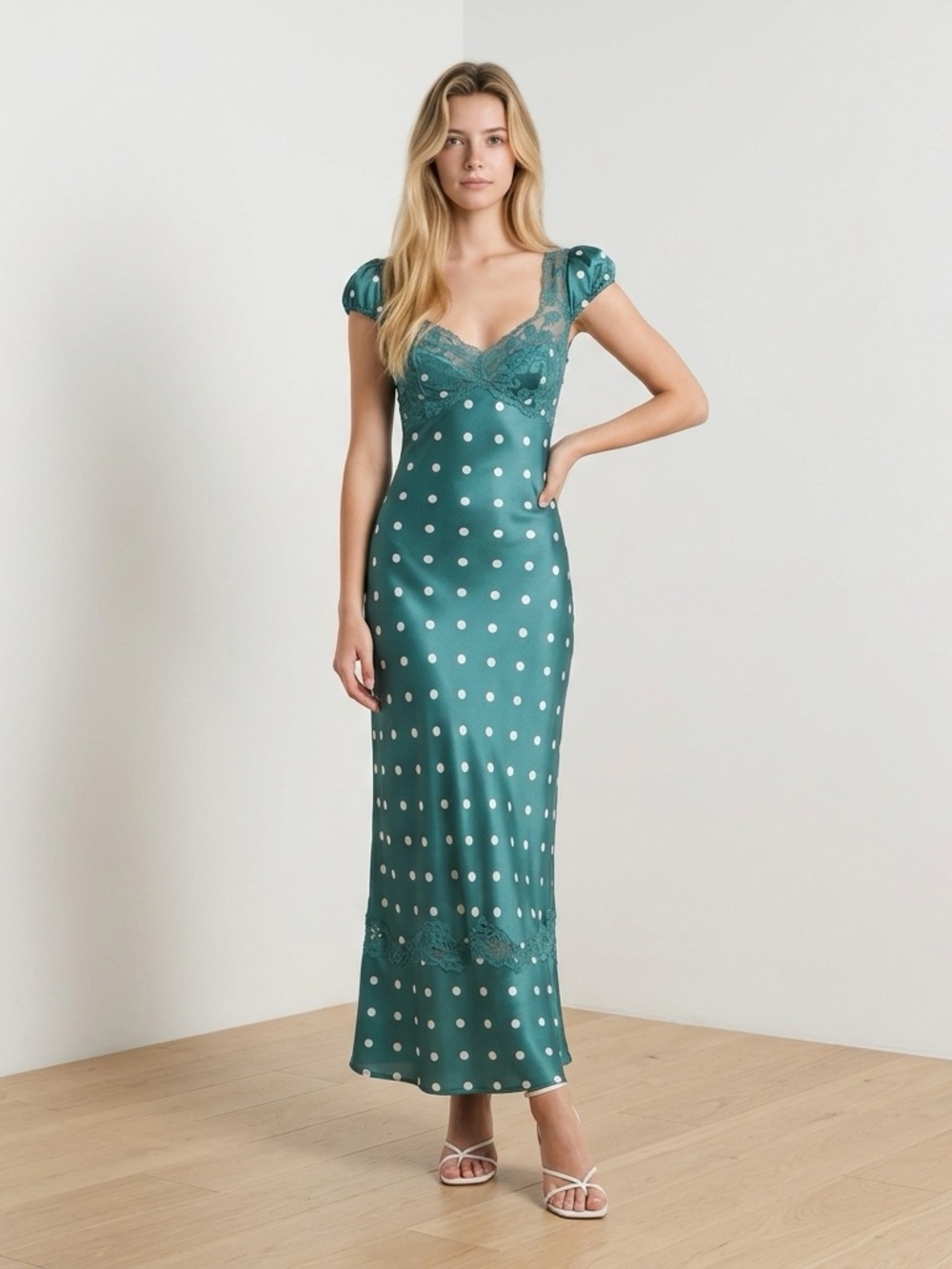 Free People Teal Polka Dot Satin Romantic  Sexy Lace Trim Sweetheart A-Line Sz L